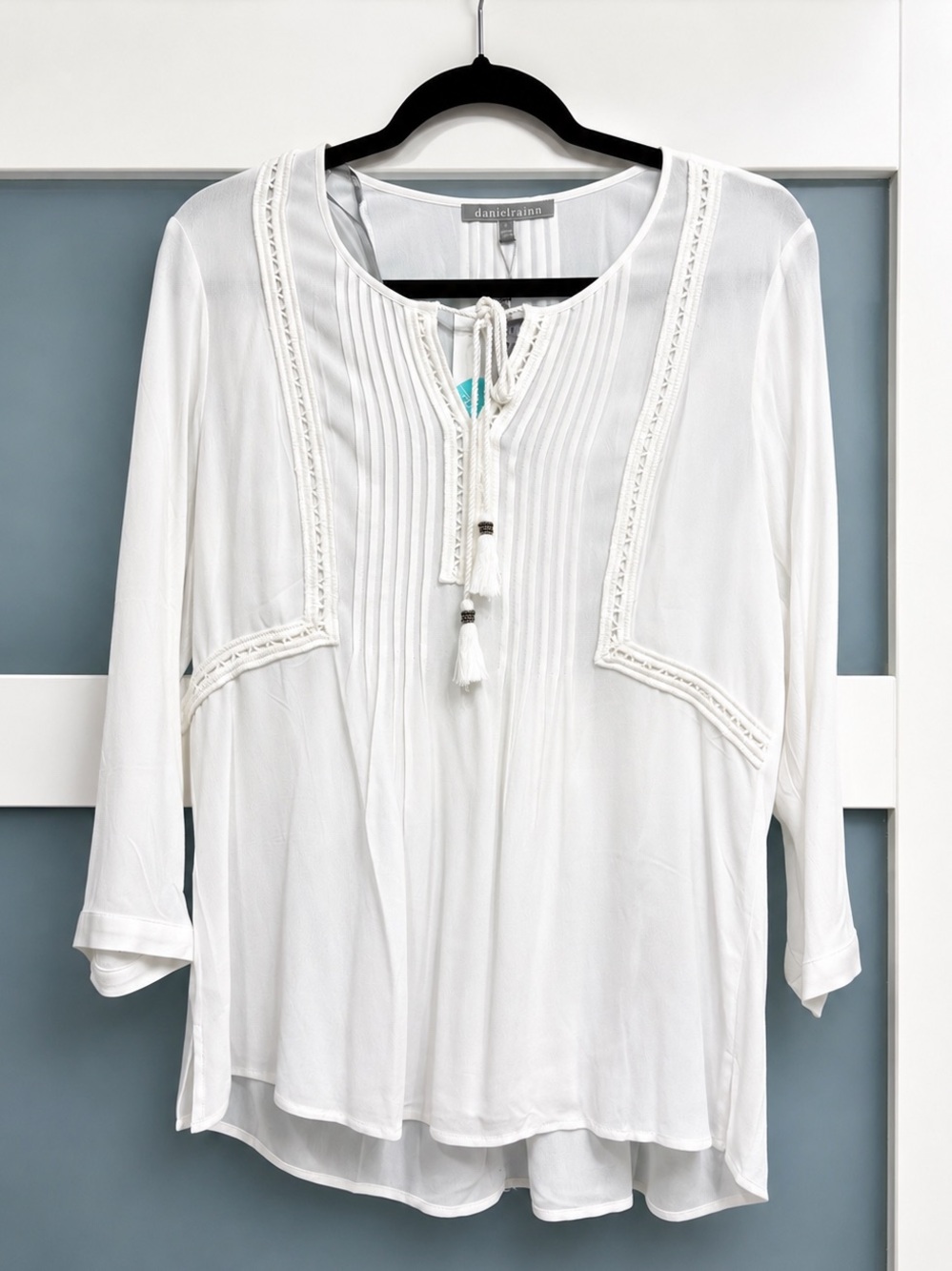 NWT Daniel Rainn White Pintuck Tassel Tie Boho Top: Size Small